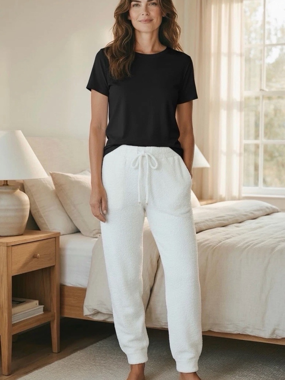 Cupcakes & Cashmere Womens Small Cozy Sherpa Jogger Lounge Pants Cream